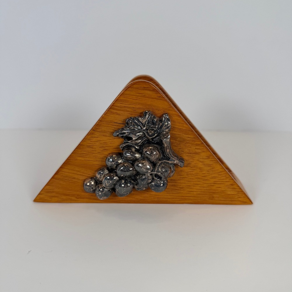 Vintage Wooden Napkin Holder with Pewter Grape Cluster‎ Accent Kitchen Decor